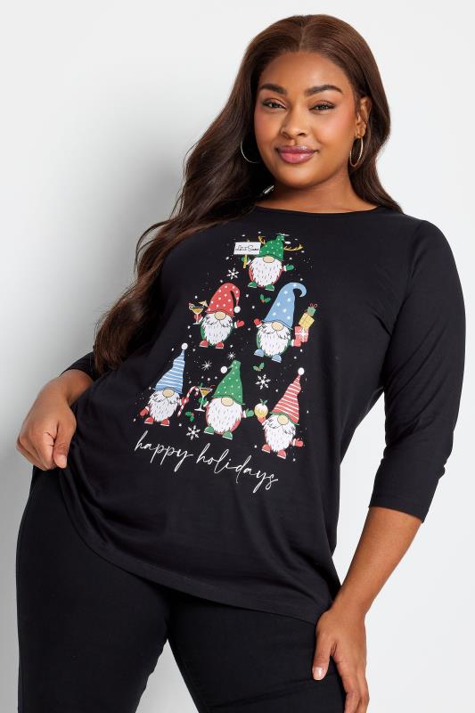  Grande Taille YOURS Curve Black Gonk Christmas Print Long Sleeve T-Shirt