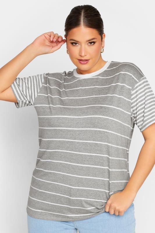 LIMITED COLLECTION Plus Size Grey Mixed Stripe Print T-Shirt | Yours Clothing 1