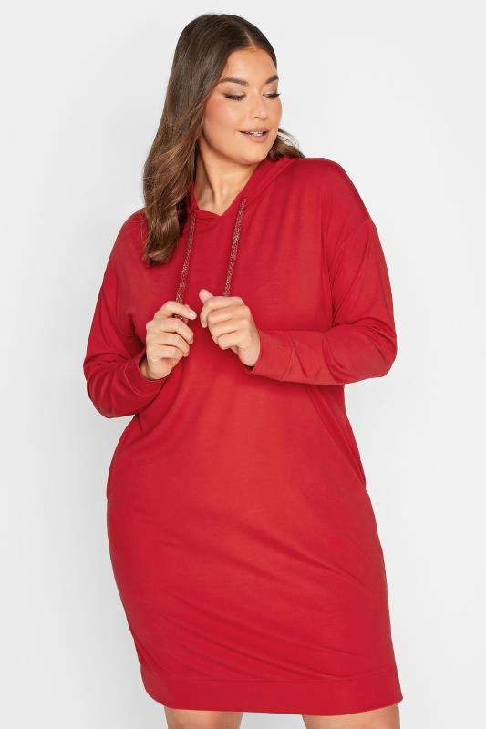 YOURS Plus Size Curve Red Pocket Hoodie Dress | Yours Clothing  1