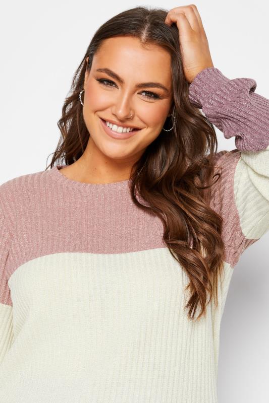 YOURS LUXURY Plus Size Womens Pink & White Colourblock Soft Touch Metallic Jumper | Yours Clothing  4