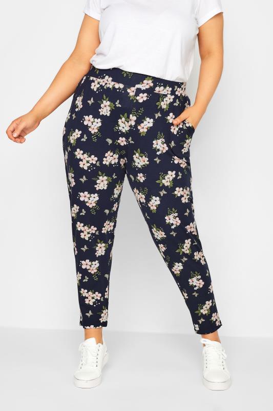YOURS Plus Size Curve Navy Blue Floral Butterfly Harem Trousers | Yours Clothing  1