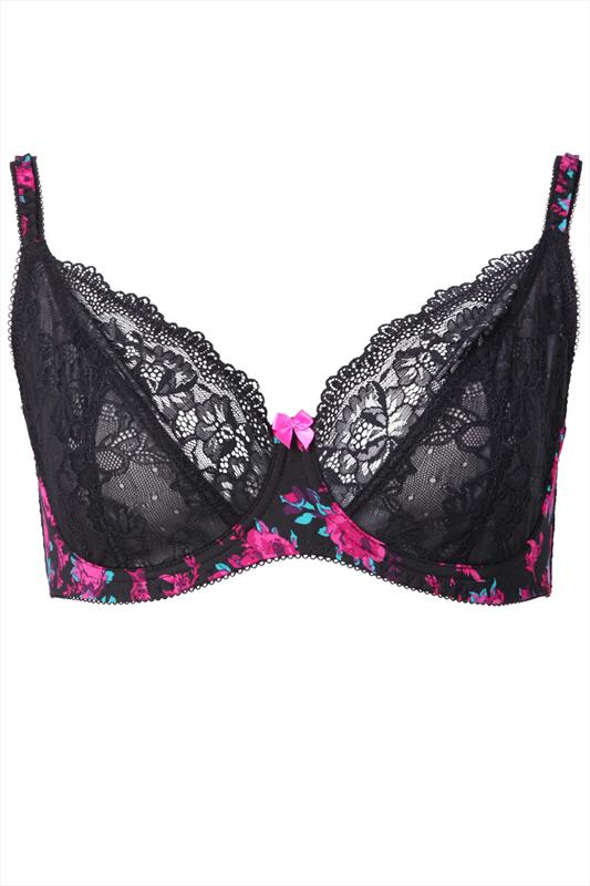 Black Lace Bra With Pink And Teal Floral Print Panels 46E,46DD,46D,46C ...
