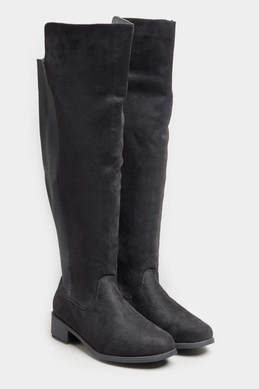 Wide Fit Boots Black Stretch Vegan Suedette Over The Knee Boots In Extra Wide EEE Fit