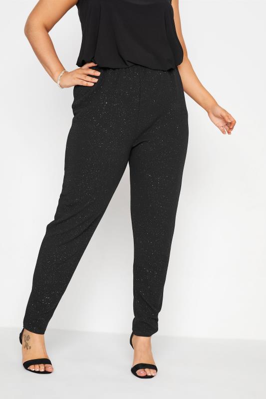 Plus Size YOURS LONDON Black & Silver Glitter Tapered Trousers | Yours Clothing 1