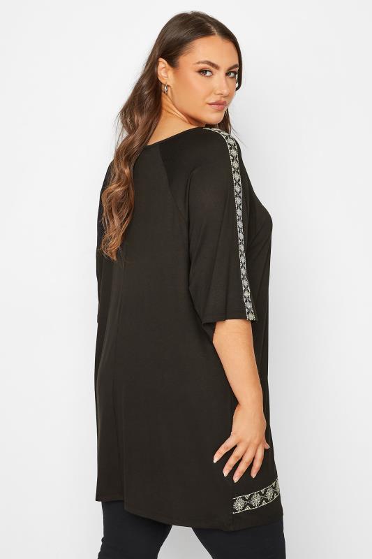 Plus Size Black Embroidered Tie Neck Top | Yours Clothing 4