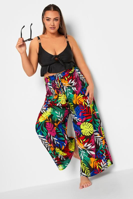 YOURS Plus Size Black Tropical Print Wide Leg Beach Trousers | Yours Clothing 2