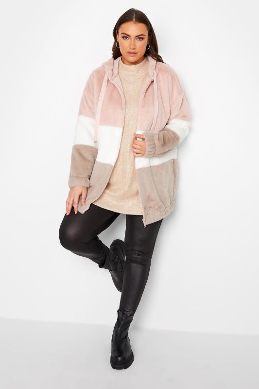 YOURS LUXURY Plus Size Pink Colour Block Faux Fur Hooded Coat | Yours Clothing 2