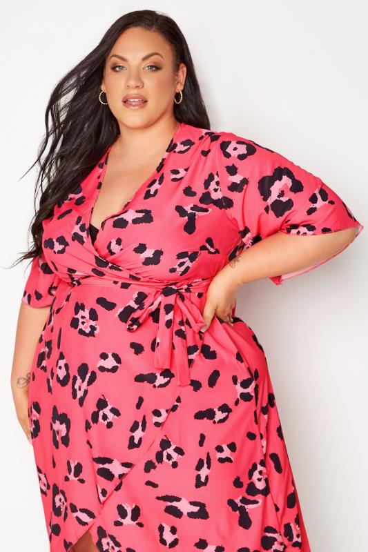 YOURS LONDON Plus Size Bright Pink Leopard Print Midi Wrap Dress | Yours Clothing 4