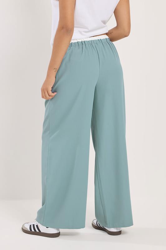PixieGirl Petite Women's Blue Contrast Waist Wide Leg Trousers | PixieGirl 2