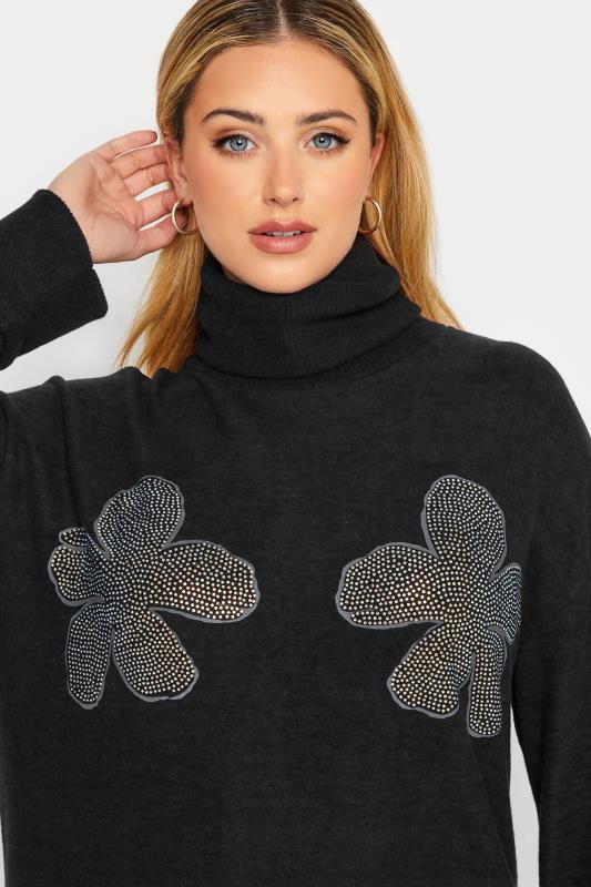 YOURS LUXURY Curve Black Diamante Embellished Floral Turtle Neck Jumper | Yours Clothing  1