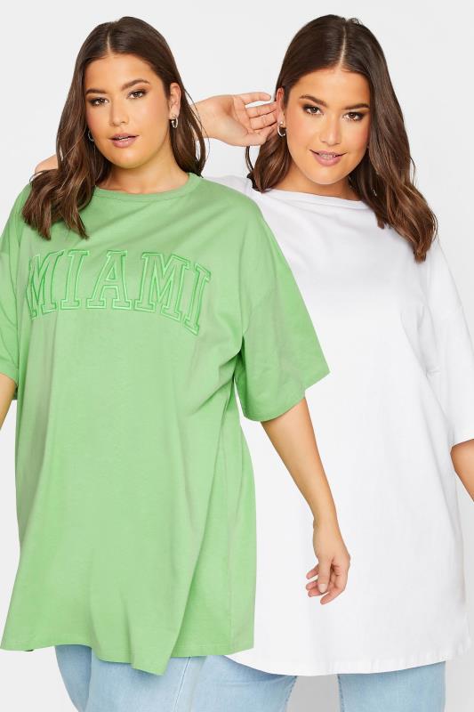 YOURS Curve Plus Size 2 PACK White & Green 'Miami' Tunic T-Shirts | Yours Clothing  1