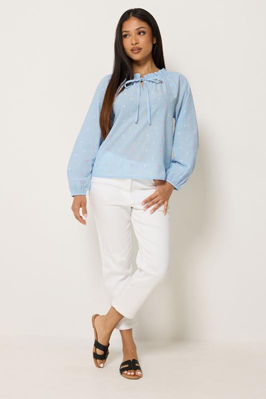 M&Co Petite Light Blue Dobby Tie Neck Blouse | M&Co 1