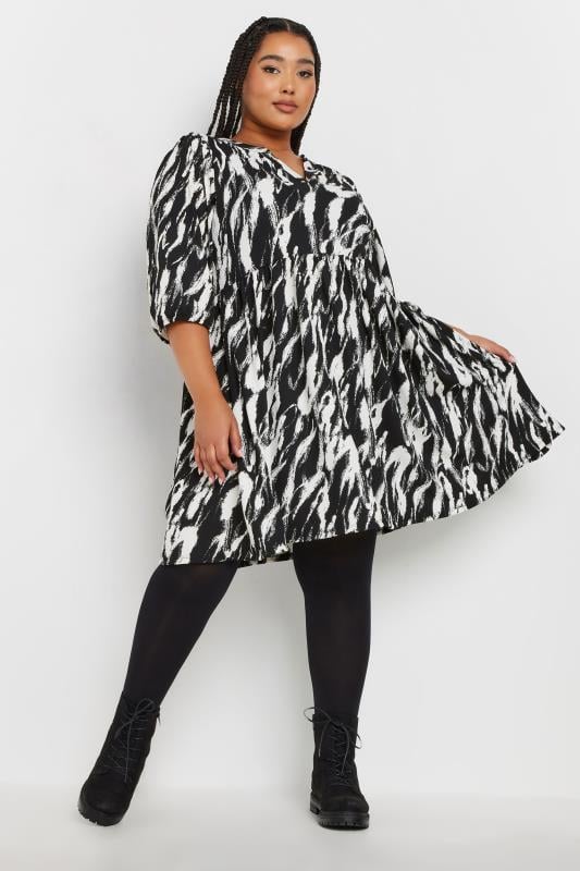 YOURS Plus Size Black Abstract Print Textured Smock Dress | Yours Clothing  3