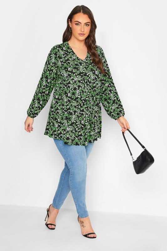 Curve Plus Size Green & Black Floral Print Balloon Sleeve Pleat Top | Yours Clothing  2