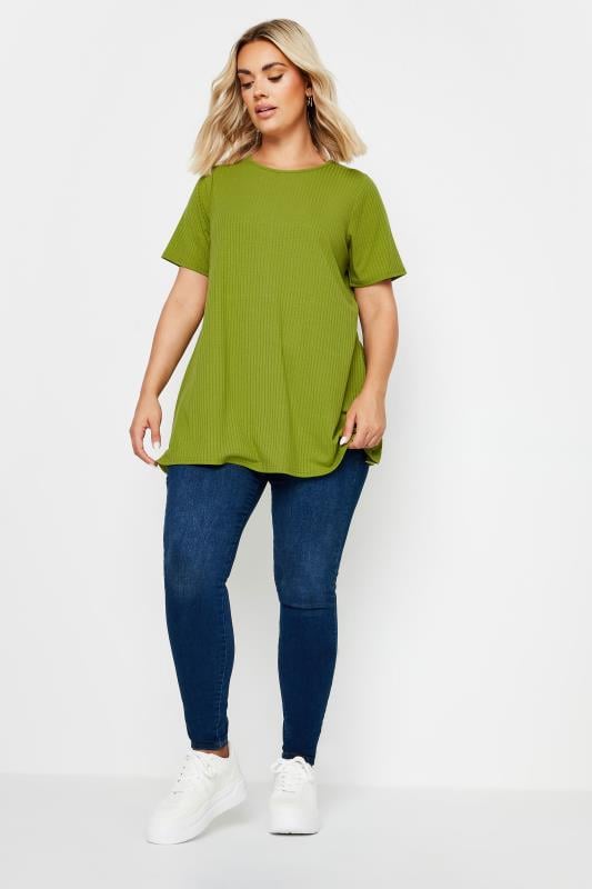 YOURS Plus Size Green Ribbed Short Sleeve T-Shirt | Yours Clothing 2