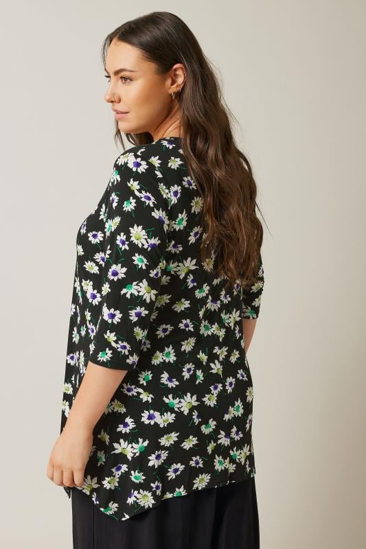 EVANS Plus Size Black Floral Print Hanky Hem Top | Evans 3