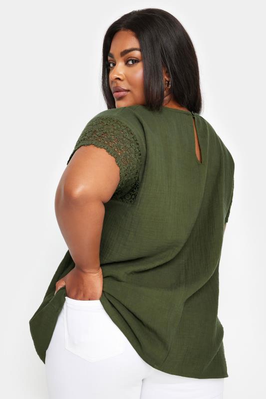 YOURS Plus Size Khaki Green Cheesecloth Crochet Top | Yours Clothing 3