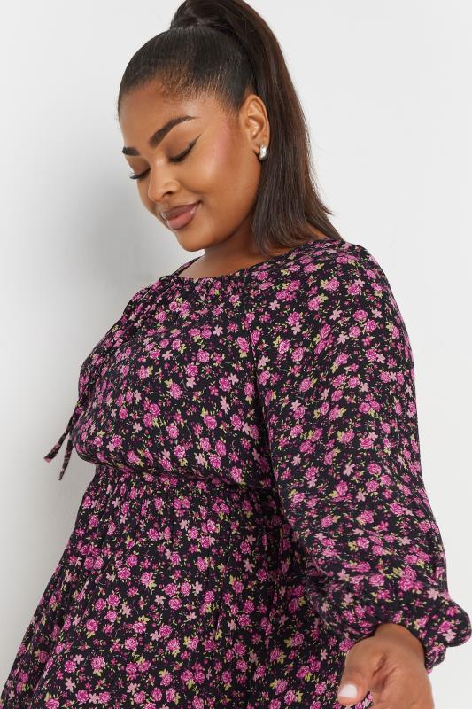 YOURS Plus Size Black Floral Crinkle Tie Neck Blouse | Yours Clothing  5