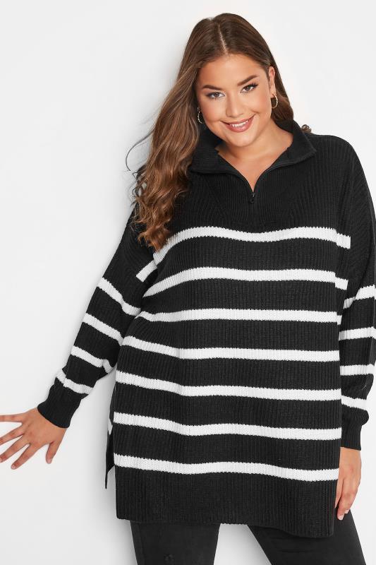 Curve Black & White Stripe Quarter Zip Knitted Jumper | Yours Clothing  1