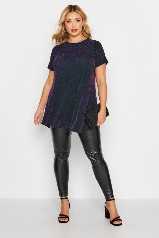 Curve Navy Blue & Copper Glitter Swing Top | Yours Clothing 2