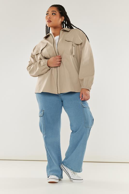 YOURS Plus Size Stone Brown Utility Bomber Jacket | Yours Clothing 2