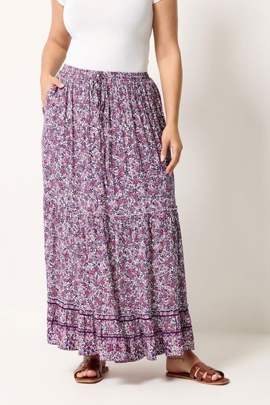 YOURS Plus Size Pink Ditsy Floral Tiered Skirt | Yours Clothing 1
