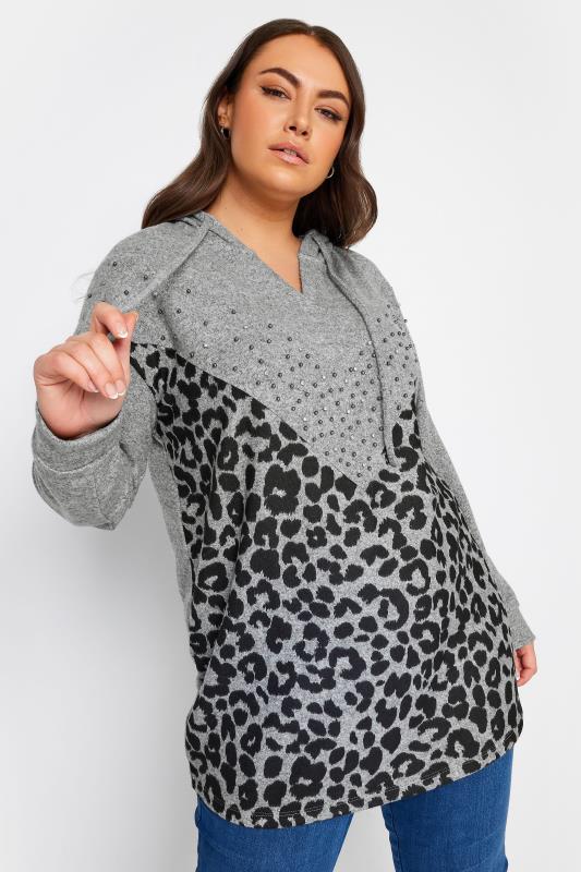  Grande Taille YOURS Curve Grey Leopard Print Stud Hoodie