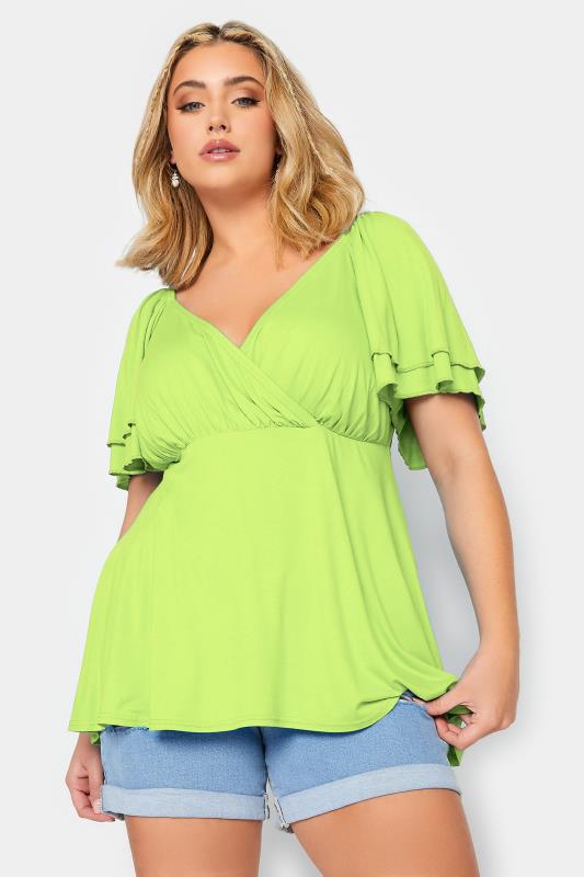 LIMITED COLLECTION Plus Size Lime Green Layered Sleeve Wrap Top | Yours Clothing 1