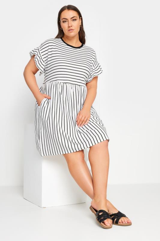 YOURS Plus Size Black & White Stripe Frill Sleeve Smock Tunic Dress | Yours Clothing 2