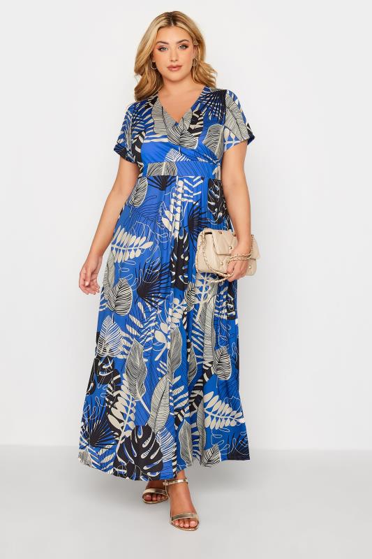 Plus Size  Curve Blue Leaf Print Maxi Dress