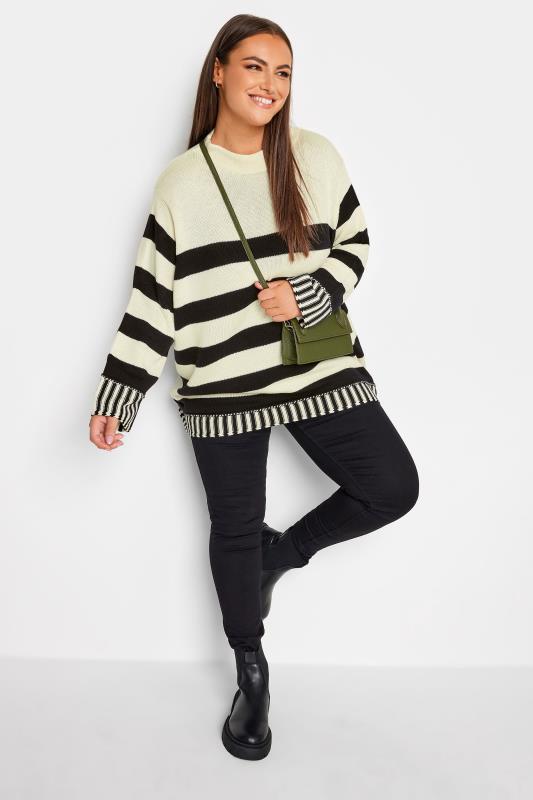 YOURS Plus Size White & Black Stripe Turtle Neck Knitted Jumper | Yours Clothing  3
