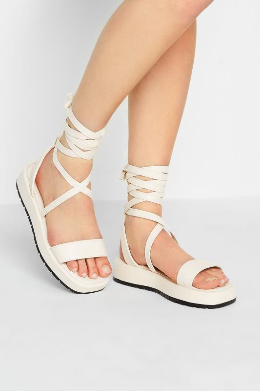 PixieGirl White Ankle Tie Flatform Sandals In Standard Fit | PixieGirl 1