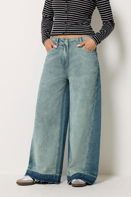 PixieGirl Petite Women's Mid Blue Frayed Wide Leg Jeans | PixieGirl  1