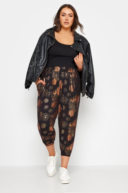 YOURS Plus Size Black Metallic Floral Print Cropped Harem Joggers | Yours Clothing 2