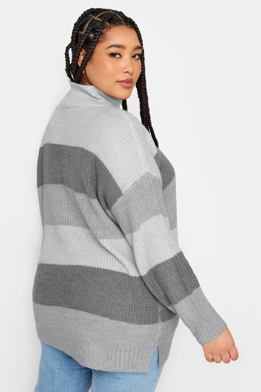 YOURS Plus Size Grey Stripe High Neck Knitted Jumper | Yours Clothing 5