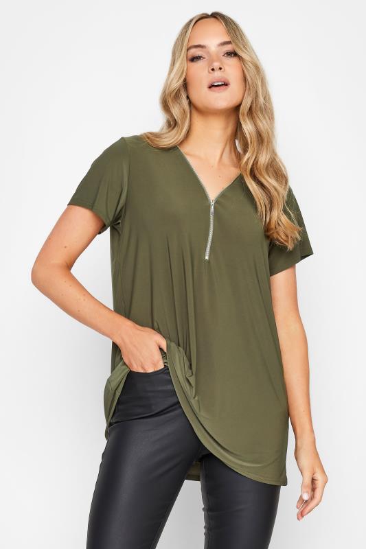 LTS Tall Women's Khaki Green Zip Detail T-Shirt | Long Tall Sally 1