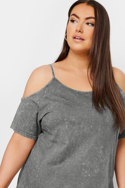 YOURS Plus Size Grey Acid Wash Cold Shoulder Top | Yours Clothing 4