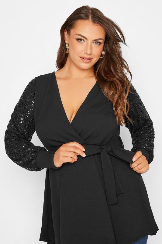 YOURS LONDON Plus Size Black Sequin Sleeve Embellished Wrap Top | Yours Clothing 4