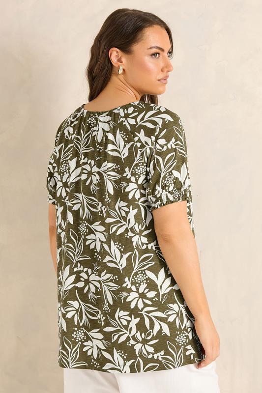 EVANS Plus Size Green Khaki Leaf Print Cotton Top | Evans 2