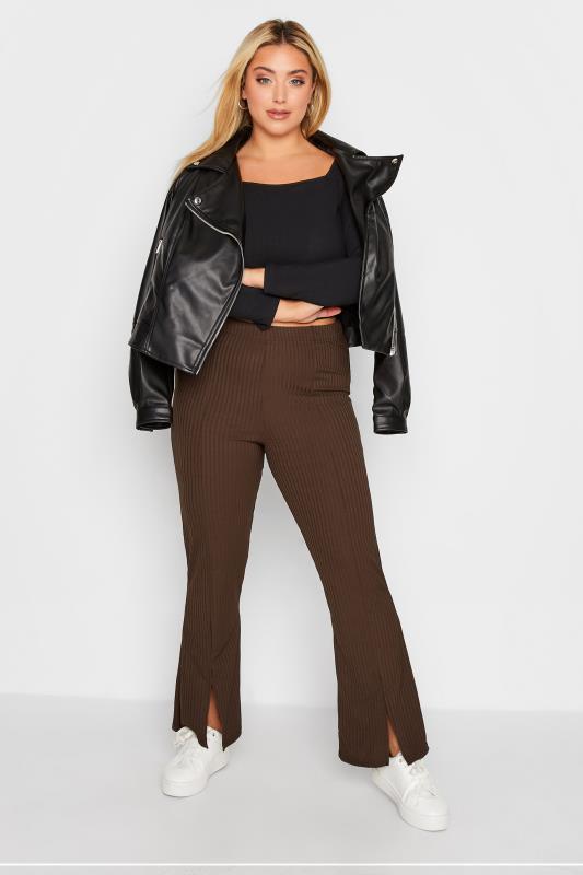 Curve Chocolate Brown Ribbed Split Front Flared Trousers 2