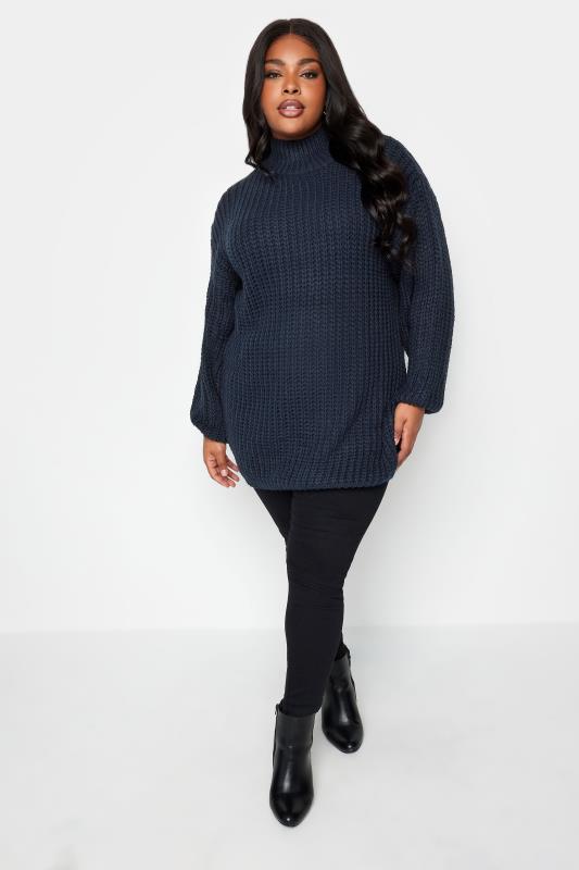 YOURS Curve Navy Blue Funnel Neck Oversized Knitted Jumper  | Yours Clothing 2