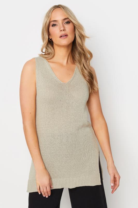 LTS Tall Stone Brown Knitted V-Neck Vest Top | Long Tall Sally  1