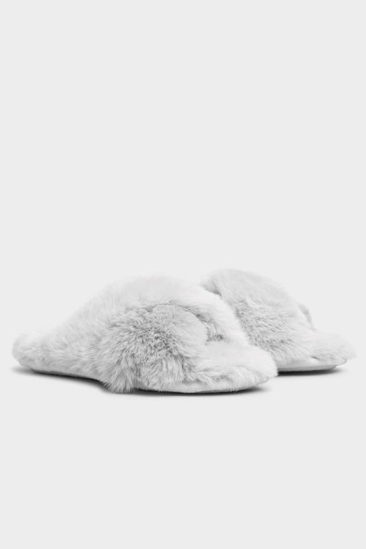 Grey Vegan Faux Fur Cross Strap Slippers In Standard Fit | Yours Clothing 4