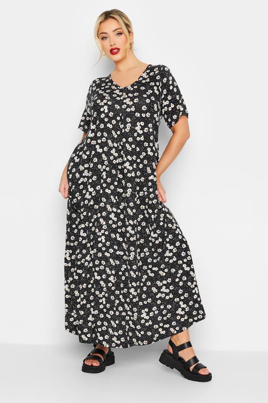 YOURS Plus Size Black Pleat Front Daisy Maxi Dress | Yours Clothing 2