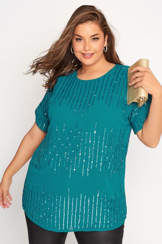 Plus Size LUXE Teal Blue Sequin Hand Embellished Top | Yours Clothing