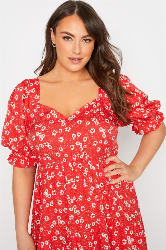 LIMITED COLLECTION Plus Size Red Floral Print Puff Sleeve Midi Dress | Yours Clothing 4
