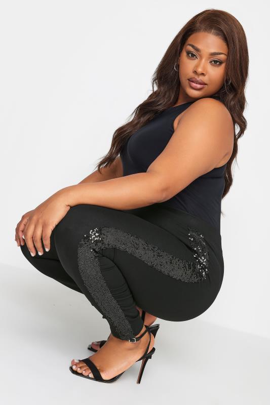 YOURS Plus Size Black Sequin Side Stripe Leggings | Yours Clothing 4