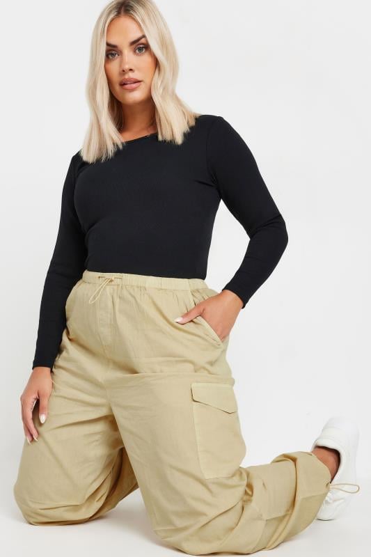 YOURS Curve Plus Size Stone Brown Cargo Parachute Trousers | Yours Clothing  4