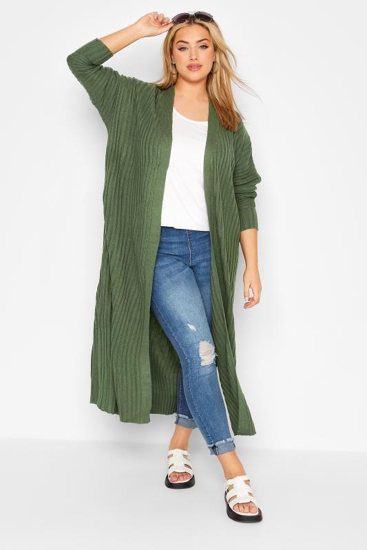 Plus Size Curve Khaki Green Ribbed Knitted Maxi Cardigan | Yours Clothing 2