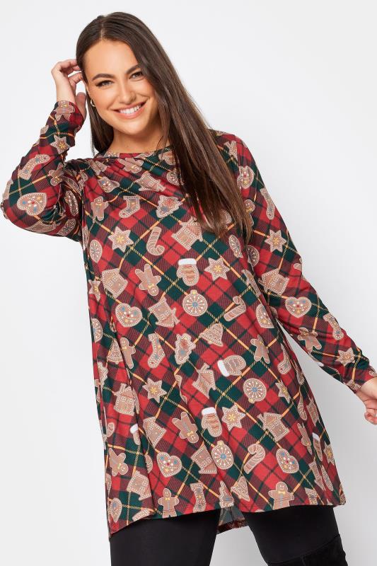 YOURS Plus Size Red Gingerbread Check Print Tunic Top | Yours Clothing 1